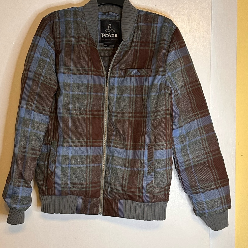 Prana Men's Zip Up Plaid Sweater - Brown and Blue